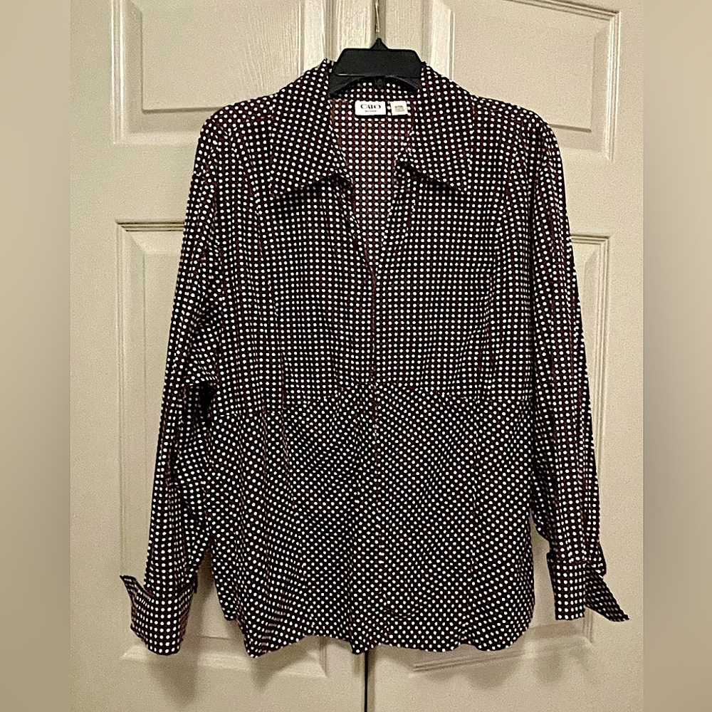 Cato Brown & White Polka Dot Cotton V-Neck  Blouse